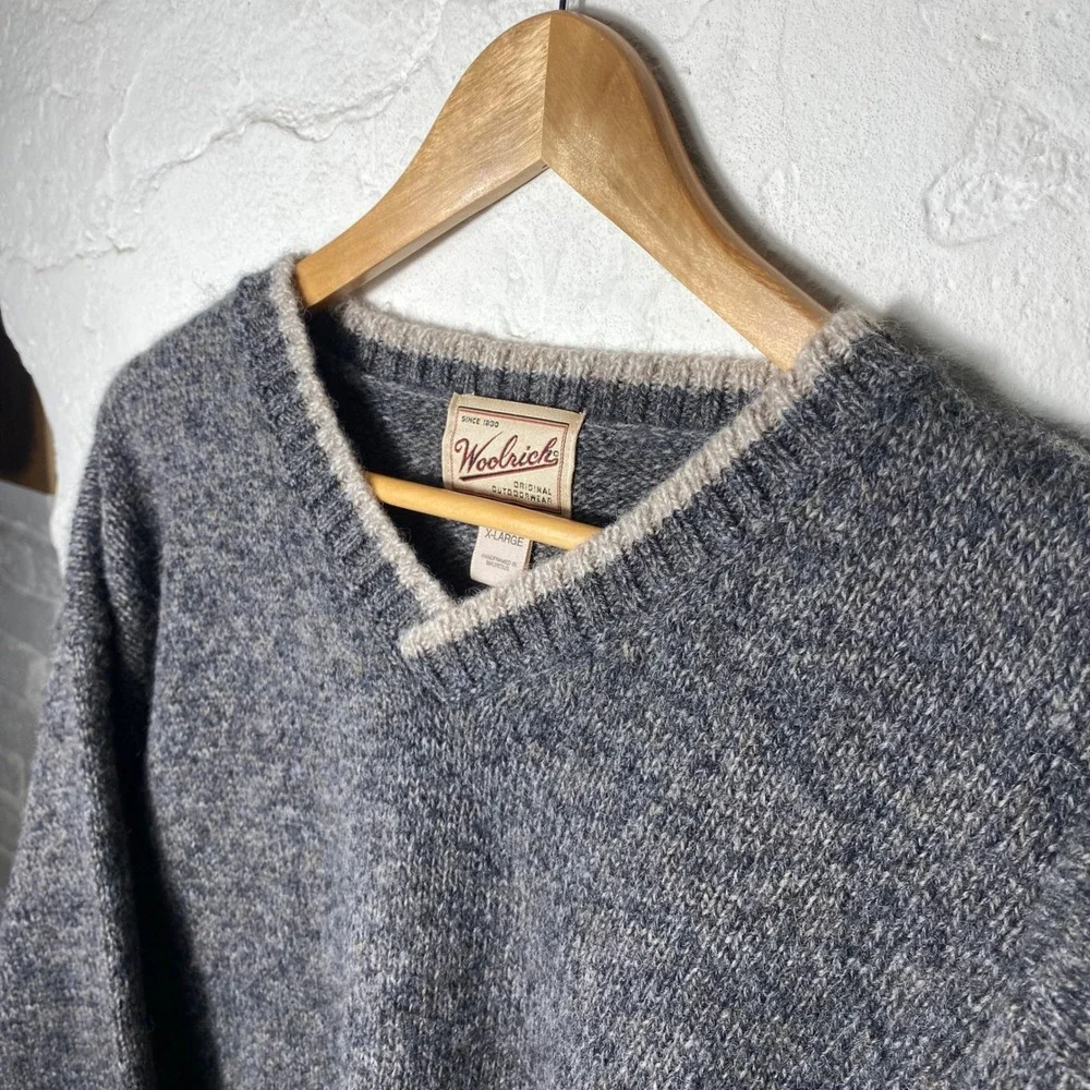 Woolrich Mens XL V-Neck Wool Blend Sweater Charcoal Mix‎ Knit Pullover
